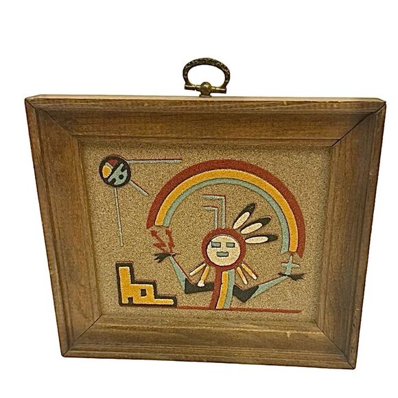 Vtg Rainbow Way Native American Style Sand Painting The Great Sun God Framed 6x7 - Picture 1 of 3